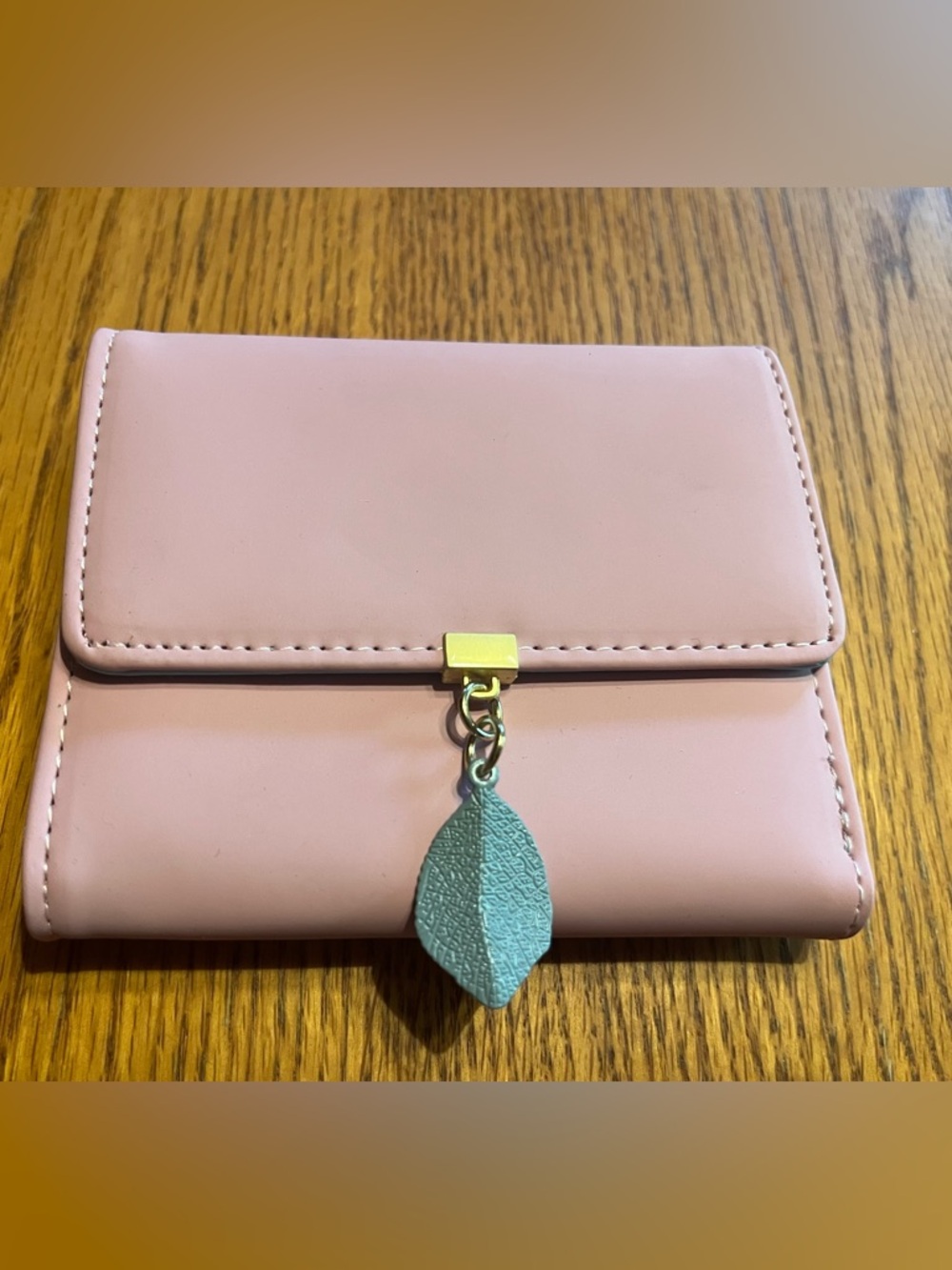Women's Small Pink/Blue Bifold Wallet with Leaf Charm